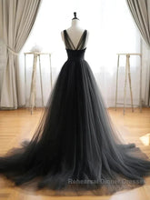 V Neck Black Tulle A Line Semi Formal Prom Dress